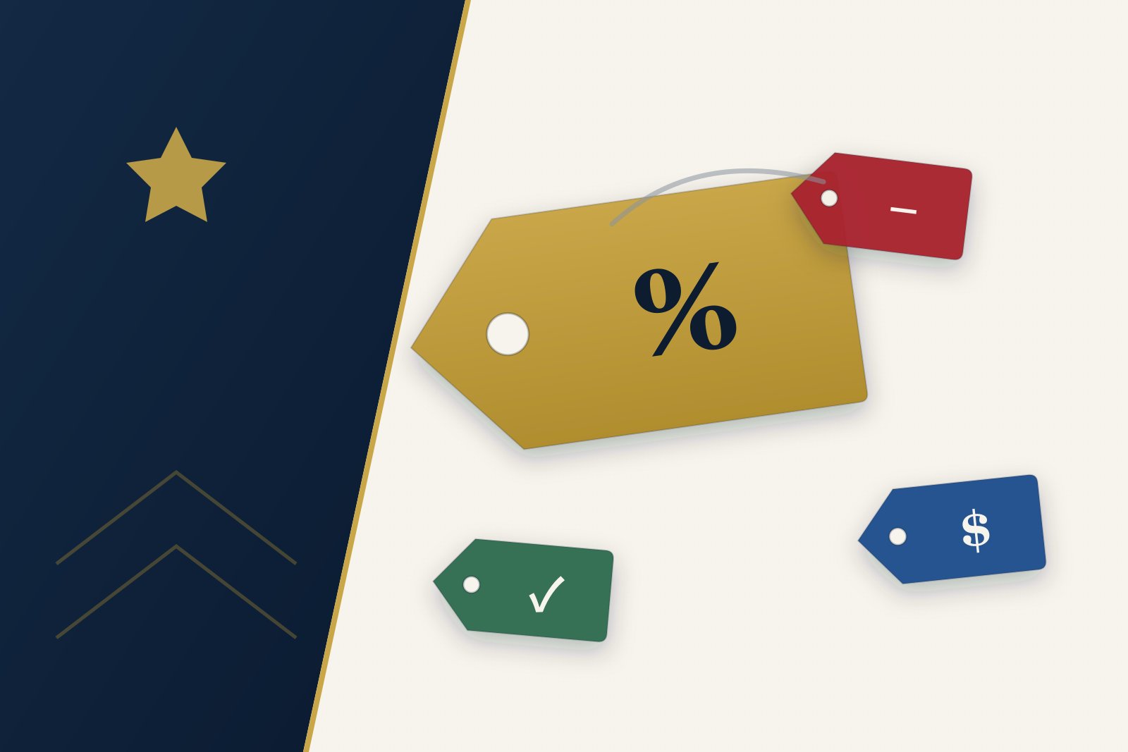 Brass price tag with a percent symbol beside red, blue, and green discount tags