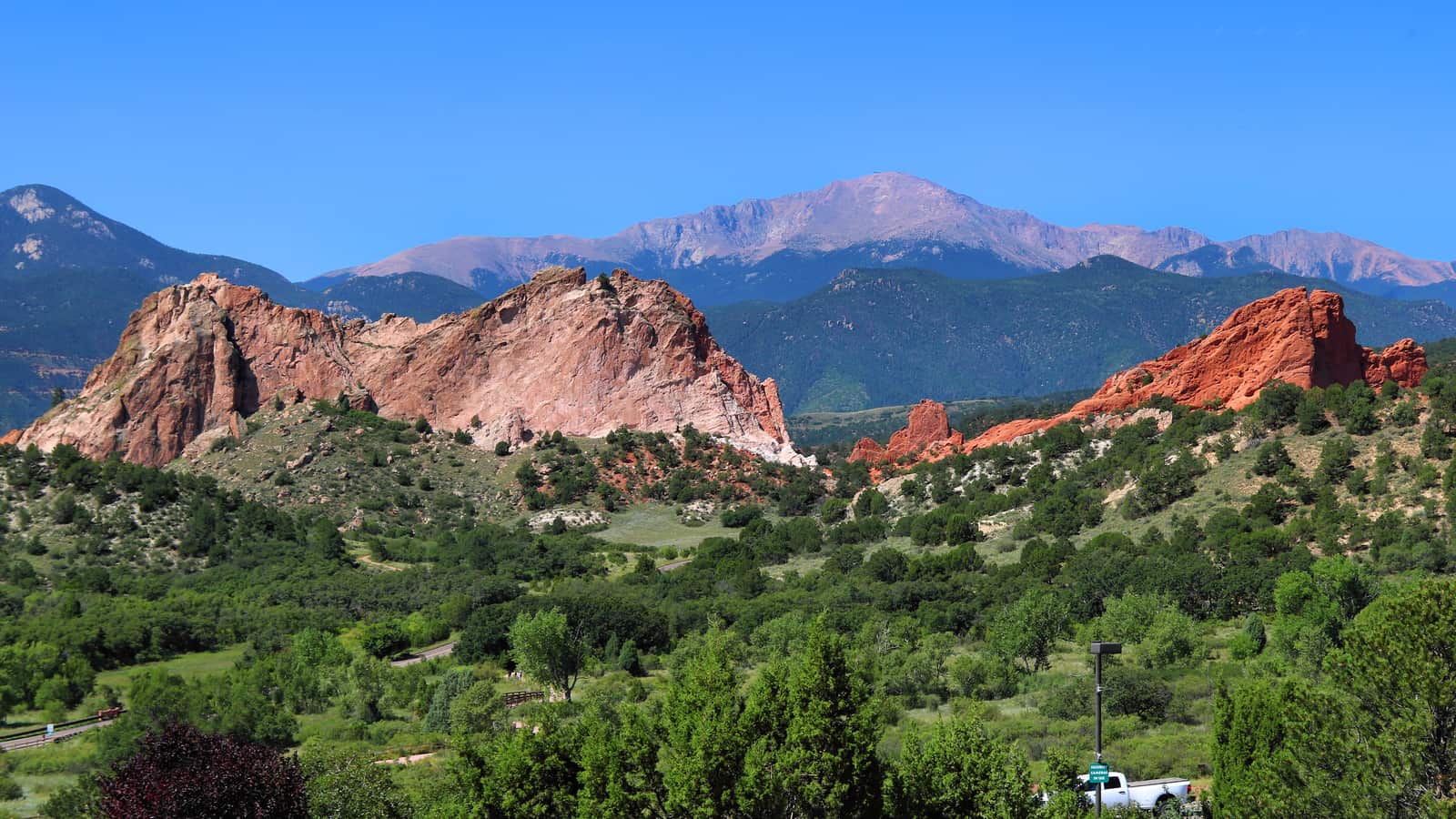 Red rock formations of Garden of the Gods with Pikes Peak in the background, Colorado Springs