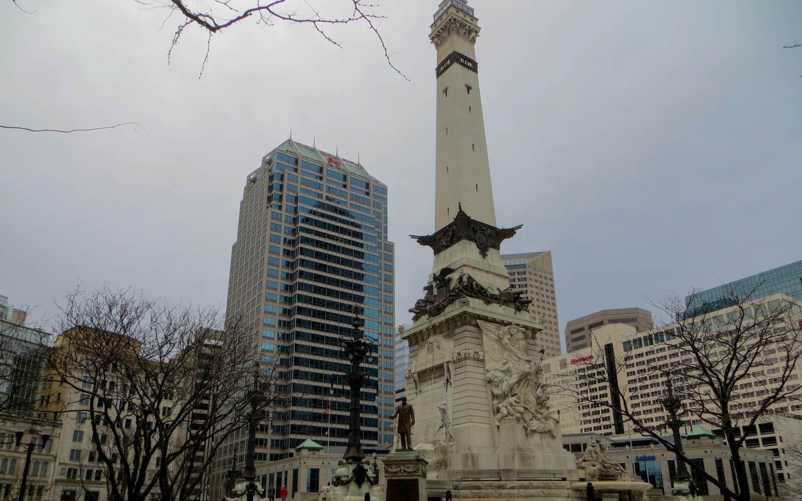 The Soldiers and Sailors Monument obelisk on Monument Circle in downtown Indianapolis, Indiana