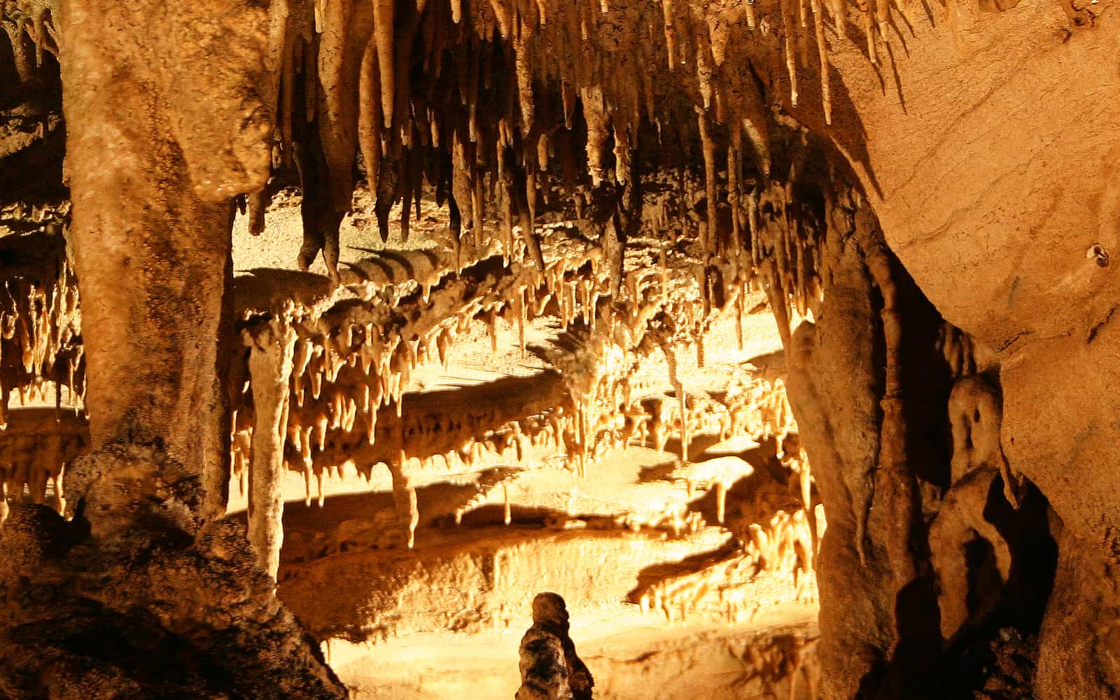 Golden travertine stalactites and flowstone in the Frozen Niagara section of Mammoth Cave National Park, Kentucky