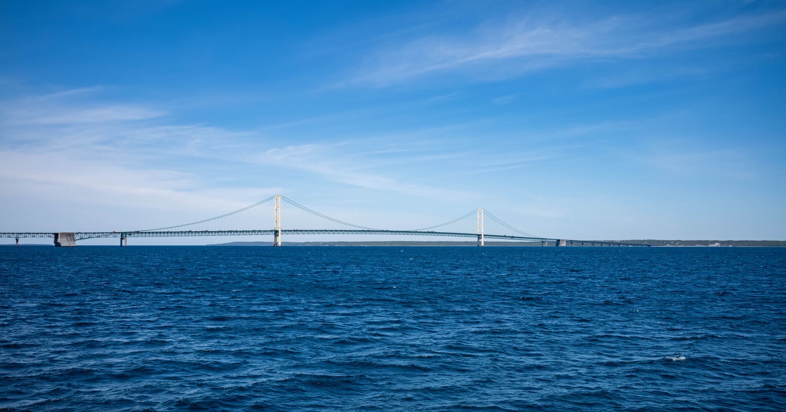 The Mackinac Bridge spanning the Straits of Mackinac between Michigan's Lower and Upper Peninsulas