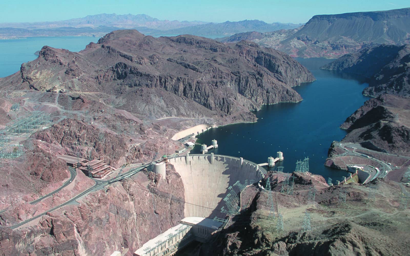 Aerial view of Hoover Dam holding back Lake Mead on the Colorado River near Boulder City, Nevada