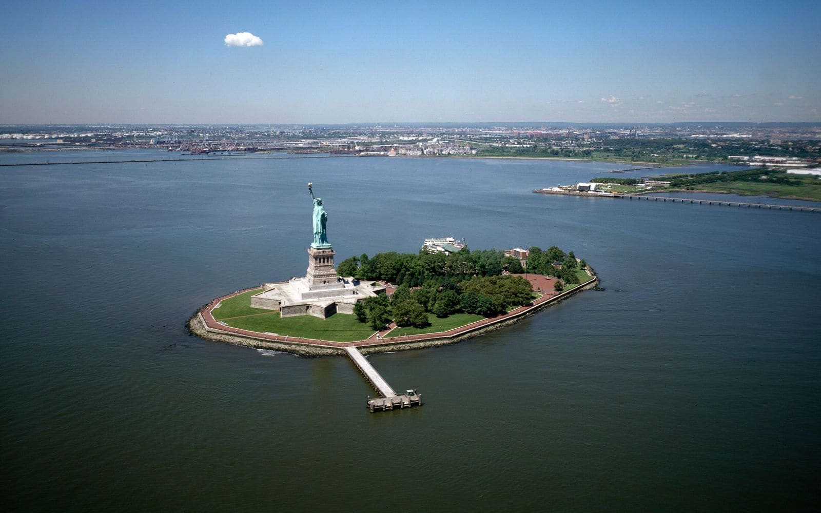 Aerial view of the Statue of Liberty and Liberty Island in New York Harbor