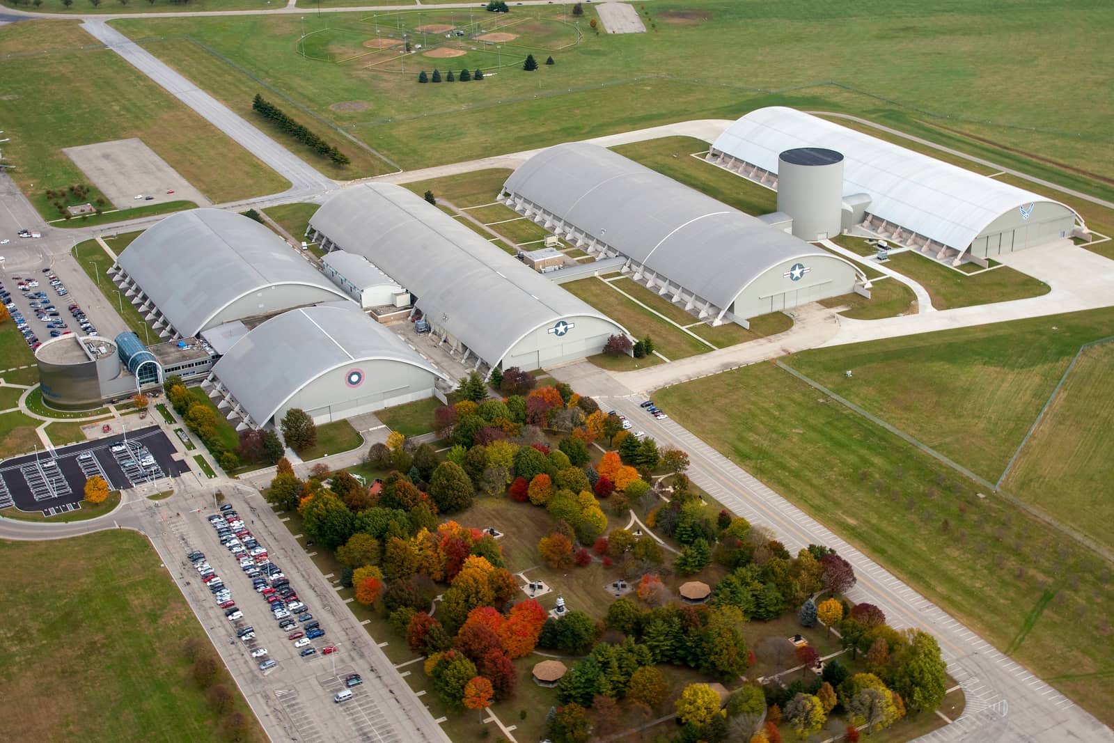 Aerial view of the four hangars of the National Museum of the U.S. Air Force at Wright-Patterson AFB, Dayton, Ohio