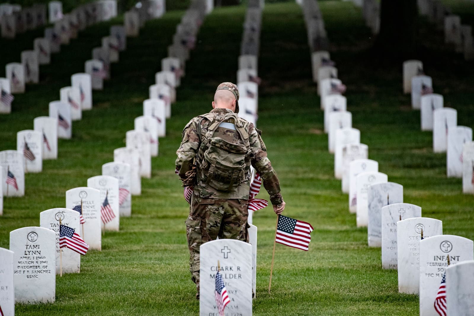 Soldier of the 3d U.S. Infantry Regiment placing American flags at rows of white headstones in Arlington National Cemetery, Virginia